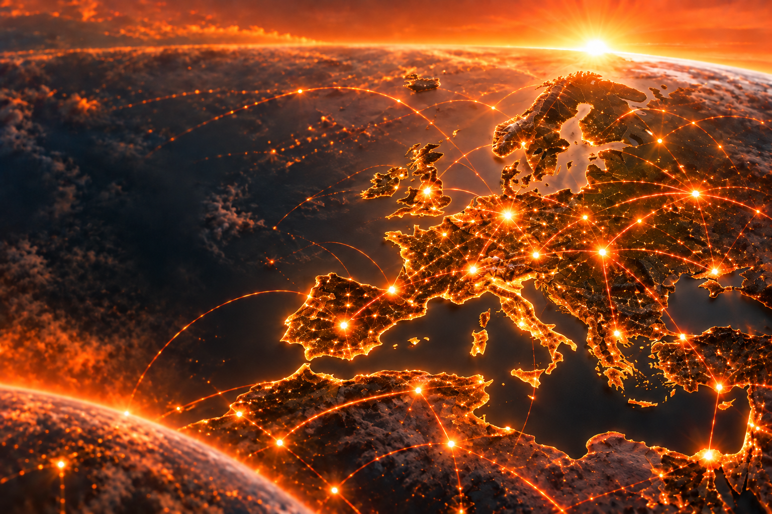 Leuchtend vernetztes Europa im goldenen Sonnenaufgang.